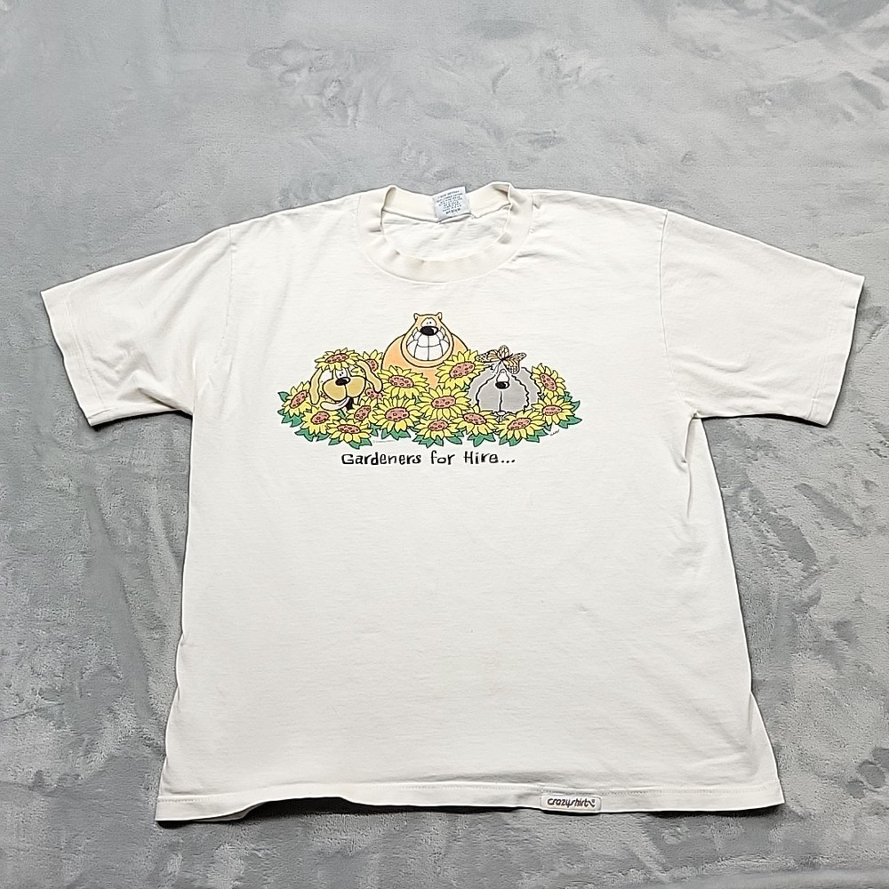 VTG Crazy Shirt Shirt Mens Medium White Gardeners For Hire Graphic Made In USA